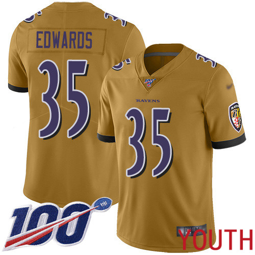 Baltimore Ravens Limited Gold Youth Gus Edwards Jersey NFL Football #35 100th Season Inverted Legend->youth nfl jersey->Youth Jersey